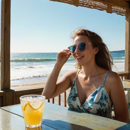 Seaside cafe on a sunny day, waves crashing against the shore, a woman sits at an outdoor table, her sunglasses reflecting the bright blue sky as she sips from a tall glass of lemonade.