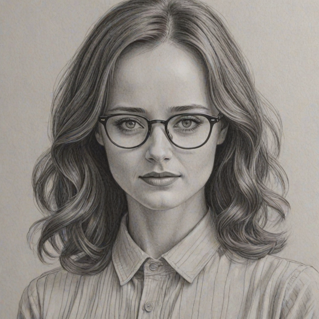 Superb Alexis Bledel, pencil sketch, portrait of Captivating woman 1945s in glasses, hair style beatnik, outline, clear lines, fine lines, 8k