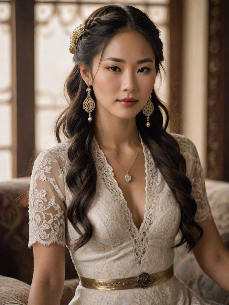 Create a portrait of a refined and elegant Tibetan woman seated in a sophisticated setting. She has long, wavy hair styled in two thick braids that are pulled over her shoulders. She wears a white, lace gown with intricate patterns, featuring a deep V-neckline and short sleeves. The dress exudes a vintage charm with its delicate lacework. She is adorned with ornate, dangling earrings that add a touch of glamour to her appearance. The background is softly lit, with warm, ambient lighting that creates a cozy and inviting atmosphere. Her expression is poised and serene, capturing a sense of grace and elegance.