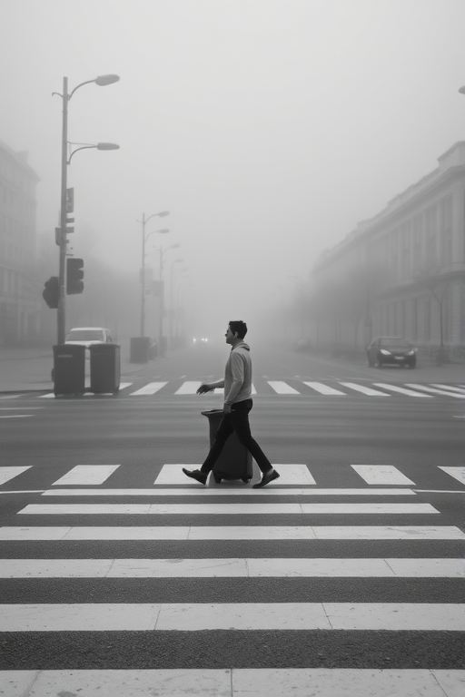 black and white street photography of a person walking with a trash bin across a crosswalk, foggy atmosphere, soft focus, Canon EOS R5, 50mm f/1.2 lens, ISO 200, aperture f/2.8, shutter speed 1/250s, natural light, slightly high angle view to capture background detail