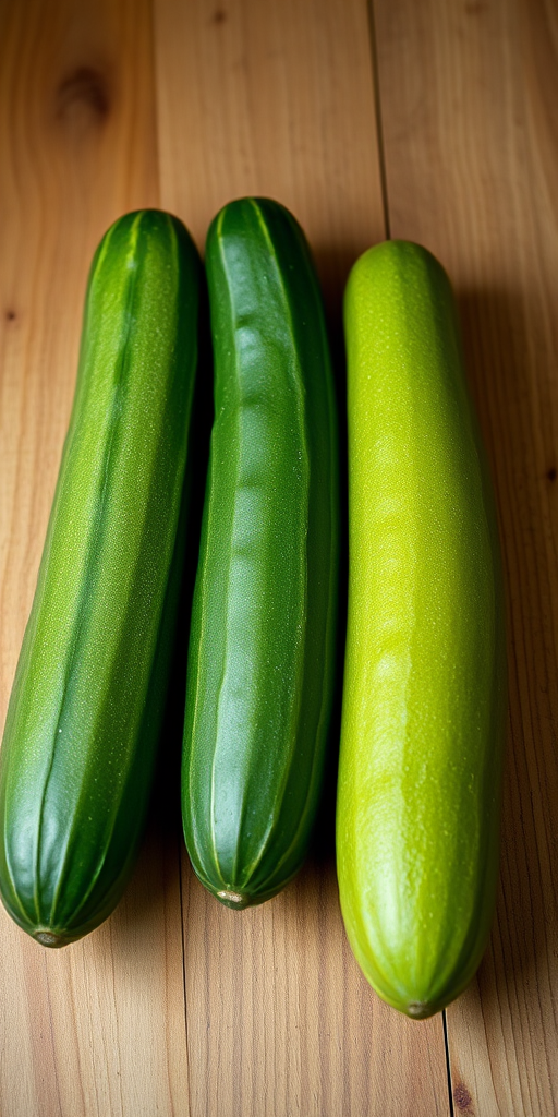 photograph of five fresh cucumbers arranged on a wooden surface, taken with a DSLR camera at f/4 aperture, ISO 100, 50mm lens, natural light for enhanced detail and vibrant color.