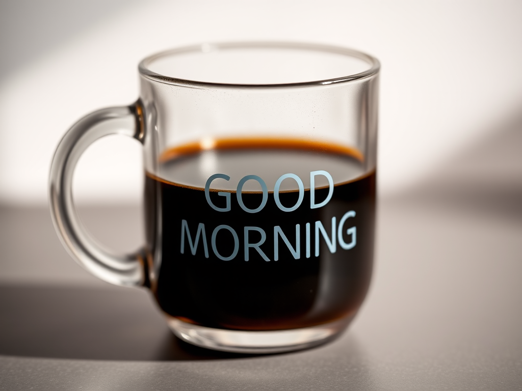 A close-up image of a glass coffee mug with the text "GOOD MORNING" printed on it, filled with dark coffee, captured with a Canon EOS R5 camera, 50mm lens, f/1.8 aperture, ISO 100, soft natural light, shallow depth of field, neutral background for enhanced focus on the mug.
