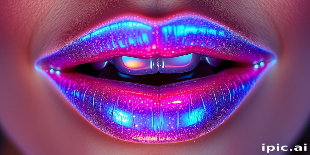 Shimmering holographic lips reflecting prismatic hues, iridescent shine creating mesmerizing depth, full and pouty appearance, futuristic and enchanting Cosmic Opal Sparkle style