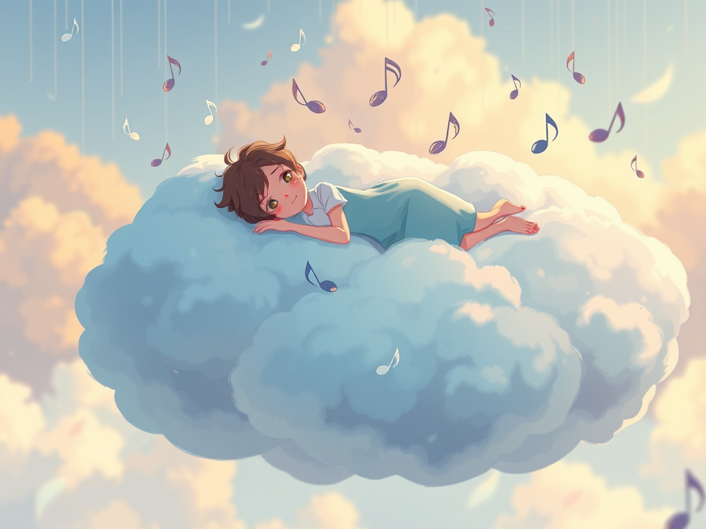 Create a dreamy illustration of a person lying on a fluffy cloud with light blue color and soft edges, surrounded by musical notes falling like rain, using a high-resolution digital art style, captured in a vibrant, warm color palette, simulated with a 50mm lens at f/1.8 for depth of field, ensuring a soft focus background for an ethereal effect.