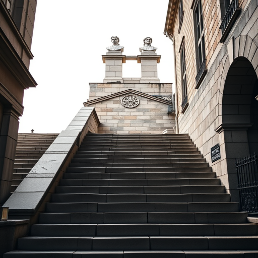 Regenerate an image of a grand staircase made of stone blocks with two busts at the top, captured with a DSLR camera at f/2.8, ISO 100, 24mm lens, in a medium shot with a soft focus effect to enhance depth and detail.