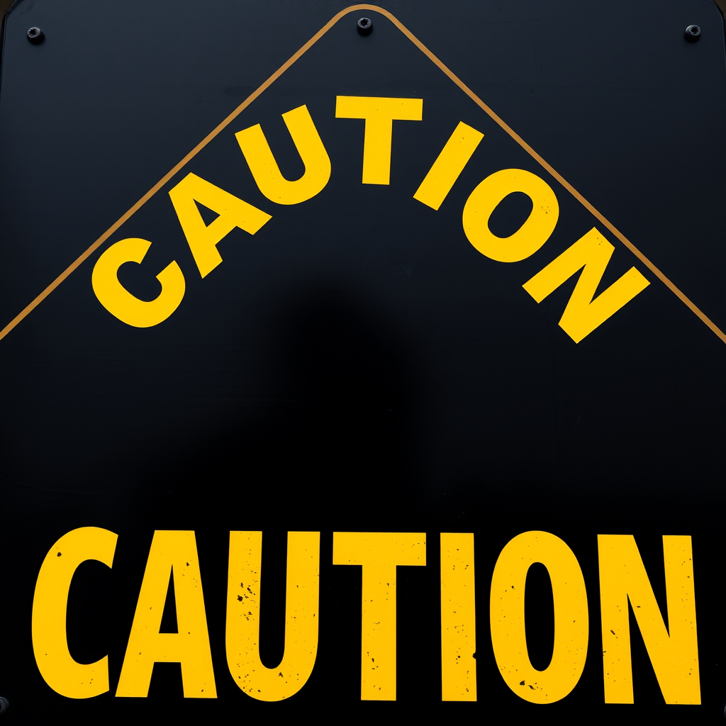 Create a high-resolution image of a caution sign with bold yellow letters on a black background, using a DSLR camera with a 50mm lens, aperture set to f/2.8, ISO 100, shot from a slight angle to enhance depth and perspective.