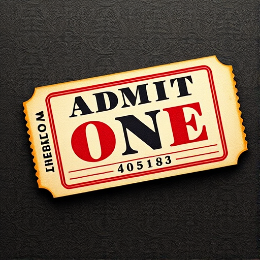 Generate a high-resolution image of a vintage ticket stub with the text "ADMIT ONE" prominently displayed, featuring a red border and a serial number "405163" in a classic font, captured with a DSLR camera at f/5.6 aperture, ISO 100, and a 50mm lens, from a top-down view with soft lighting for enhanced detail.