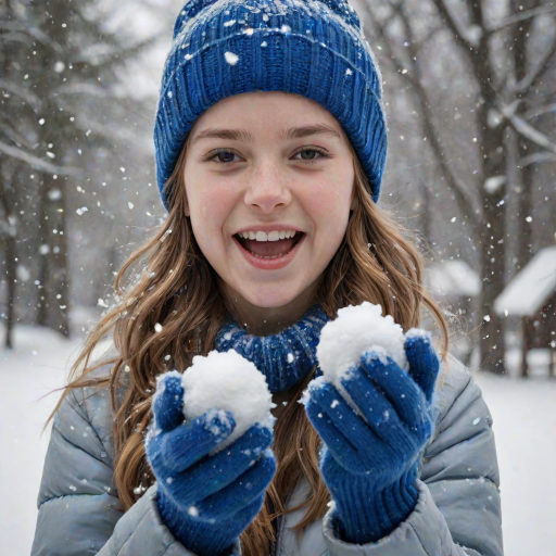 A hyperdetailed photorealistic macro image black and white pencil sketch of a young girl getting hit by a snowball during a snowball fight. She is wearing a brilliant sapphire blue wool beanie and bright blue mittens. She is trying to block the snowball by putting her hands up. The snowball hits her beanie and disintegrates into myriad tiny snowflakes caught with high speed photography. The girl is laughing and having a wonderful time.