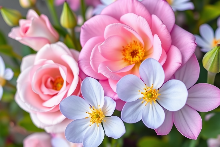Create a high-resolution vector image of various flowers including soft pink and purple roses and a light blue flower with yellow stamen, use a macro camera view with a DSLR camera type, set aperture to f/2.8 for a shallow depth of field and optimize lighting for vibrancy.