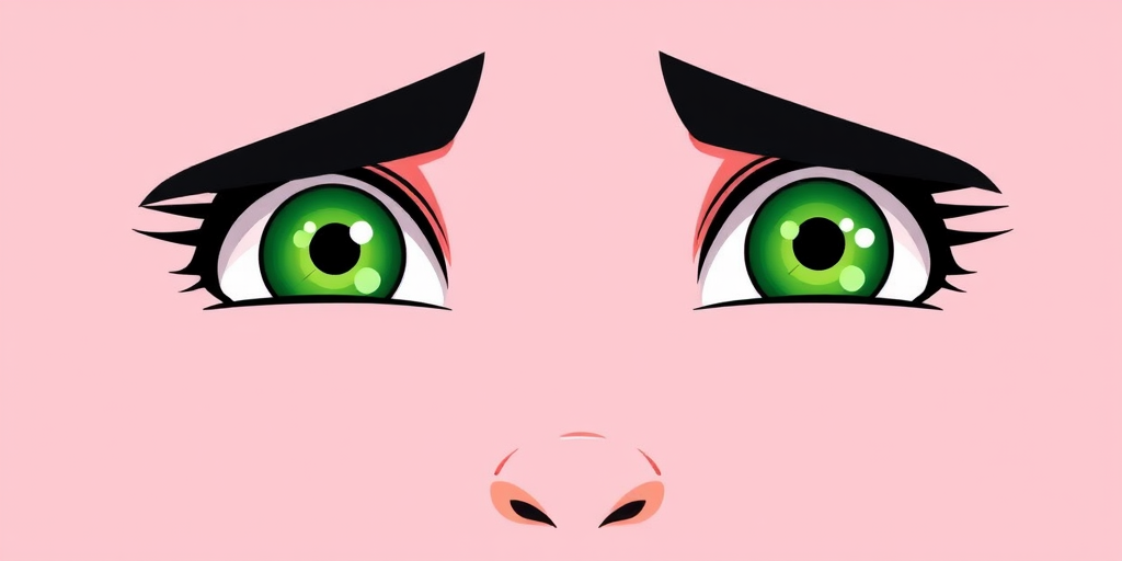 Create a high-resolution illustration of cartoon-style large, intense green eyes with sharp black eyebrows on a soft pink background, using a DSLR camera at f/4 aperture, ISO 100, shutter speed 1/200s, 50mm lens, top-down view, digital art style.