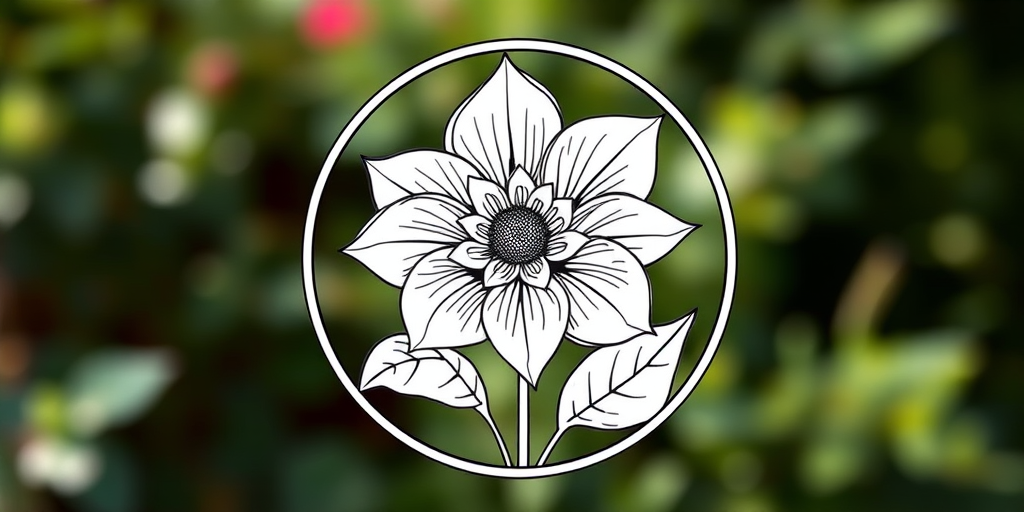 Regenerate an intricate line art illustration of a flower with leaves in a circular frame, using a DSLR camera with a 50mm lens, aperture set to f/1.8 for a shallow depth of field, and a focus on fine details and textures in natural light.
