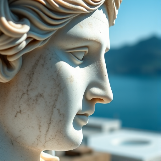 Close-up of a classical marble statue with intricate details, soft natural lighting, 85mm lens, f/1.8 aperture, ISO 100, shallow depth of field, captured with a full-frame DSLR, landscape background with mountains and a blurred sea.
