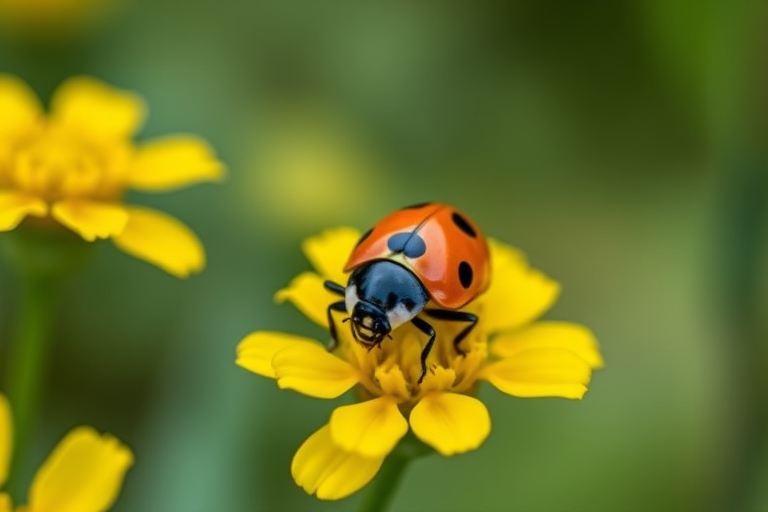 Capture a close-up shot of a ladybug on yellow flowers with a macro lens, aperture set to f/2.8 for shallow depth of field, ISO 100 for minimal noise, shutter speed at 1/200s, taken from a slightly overhead angle with natural soft lighting.
