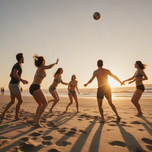 Blurry, candid photo of a group of friends playing volleyball on a beach at sunset, the ball mid-flight, distant waves crashing on the shore, and the golden light of the setting sun casting long shadows on the sand.