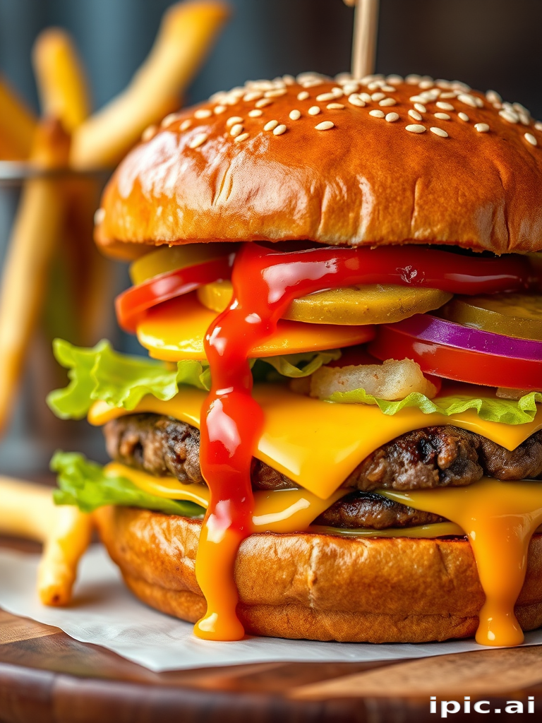 High-resolution, close-up image of a gourmet double cheeseburger. The burger features a glossy, sesame-seed-topped brioche bun. Inside, there are two thick, juicy beef patties, each topped with melted cheddar cheese. The burger is garnished with fresh lettuce, tomato slices, diced onions, and pickles. A generous amount of ketchup and a creamy, orange-colored sauce is dripping down the sides, adding to the mouth-watering appeal. In the background, there are blurred elements including a side of golden French fries and a hint of a beverage, enhancing the overall presentation of a delicious meal.
