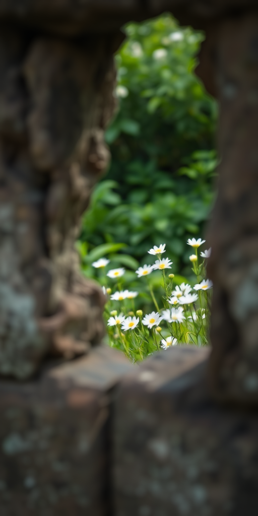 capture a detailed image of a broken wall revealing a vibrant green landscape with blooming white flowers, shallow depth of field, f/2.8 aperture, 50mm lens, natural light, taken with a DSLR camera