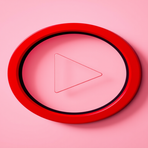 Create a high-resolution image of a red play button with a circular design, using a DSLR camera, 50mm lens, f/2.8 aperture, ISO 100, shot from a slightly elevated angle with a soft-focus background to enhance clarity and detail.