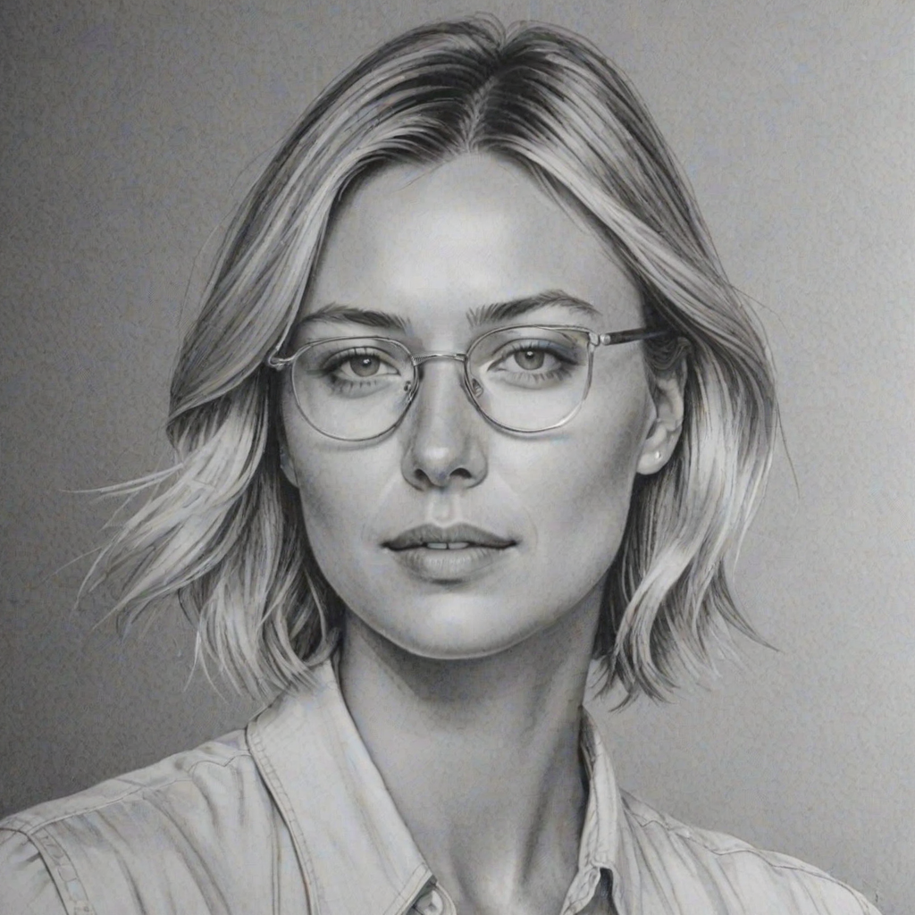 Enchanting Maria Sharapova, pencil sketch, portrait of Enchanting woman 1979s in glasses, hair style beatnik, outline, clear lines, fine lines, 8k