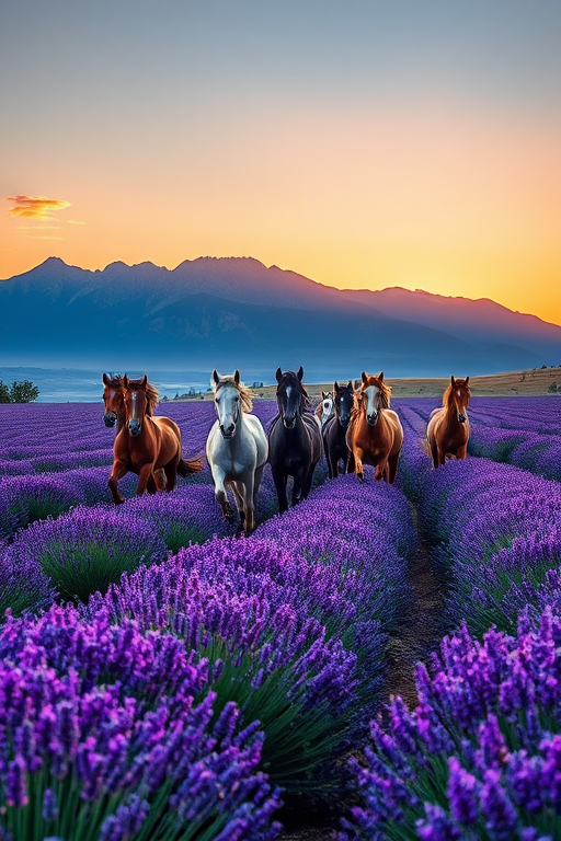 A herd of majestic horses galloping through a vibrant lavender field with a breathtaking mountain backdrop at sunset, captured with a Canon EOS R5, 24-70mm f/2.8 lens, ISO 100, f/8, 1/500 sec, in portrait orientation to enhance depth and clarity.