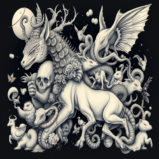 Surrealist "Dreamscape Menagerie" tattoo concept merging various animals and fantastical creatures in impossible combinations with fluid transitions and ethereal elements perfect for large-scale body art