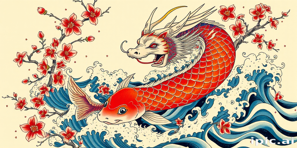 Japanese-inspired irezumi tattoo named "Koi Ascension" featuring a vibrant koi fish transforming into a majestic dragon, surrounded by cherry blossoms and turbulent waves, utilizing traditional techniques and symbolism with a modern color palette, suitable for a full sleeve or back piece