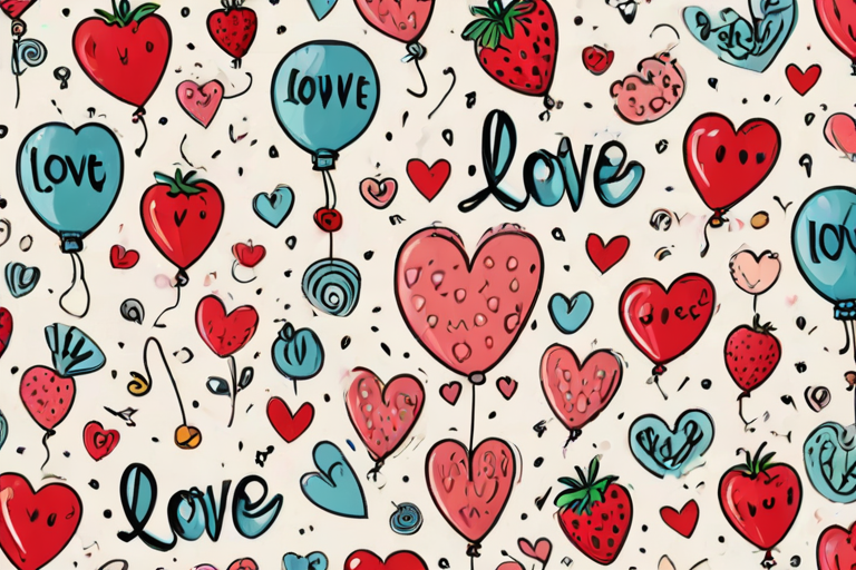create a seamless pattern featuring playful hearts, balloons, strawberries, eyes, and the word love in a doodle style with a light background