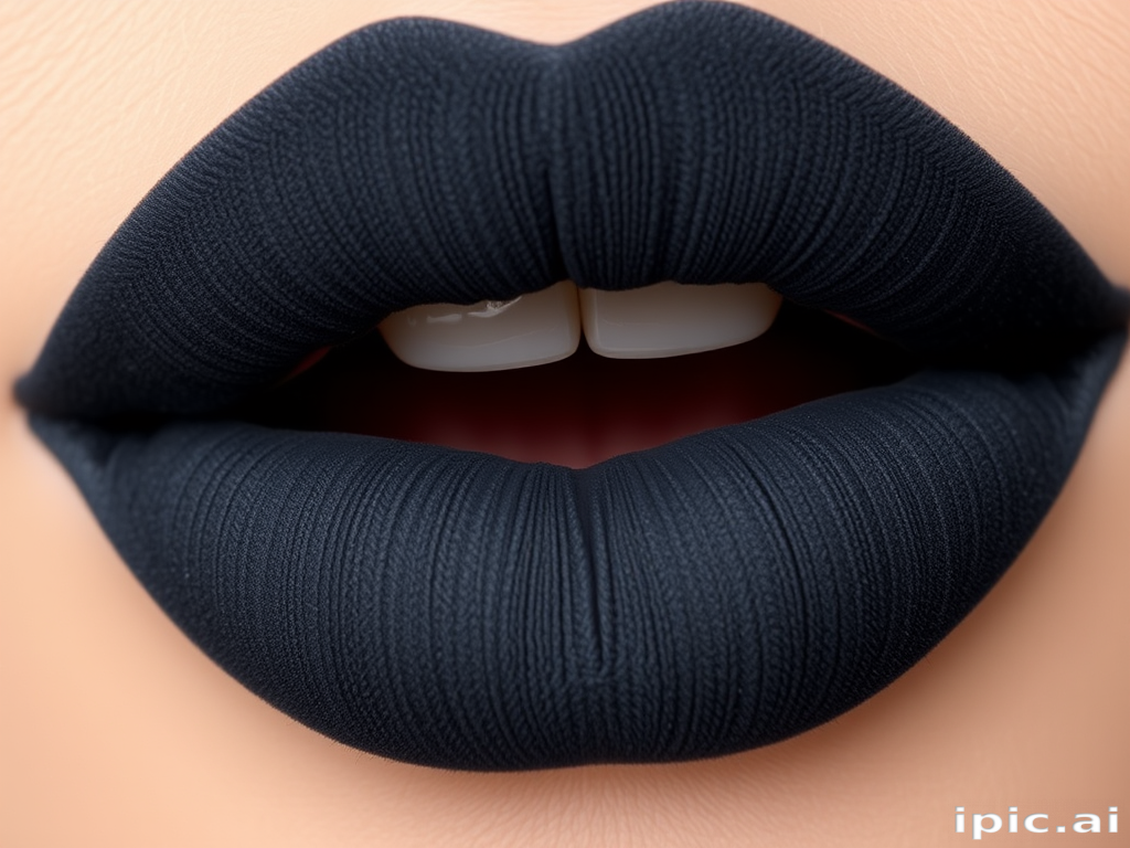 Velvet-textured charcoal lips make a bold statement in the "Midnight Velour" design, featuring a deep, smoky grey hue with a soft, touchable finish that adds depth and drama to any makeup look, perfect for edgy fashion events or creating a striking contrast against pale skin tones