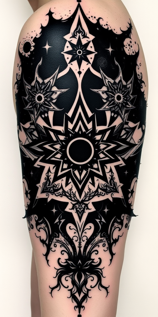 Blackout negative space tattoo named "Cosmic Void" featuring large areas of solid black ink with intricate designs carved out to reveal skin, creating a striking contrast