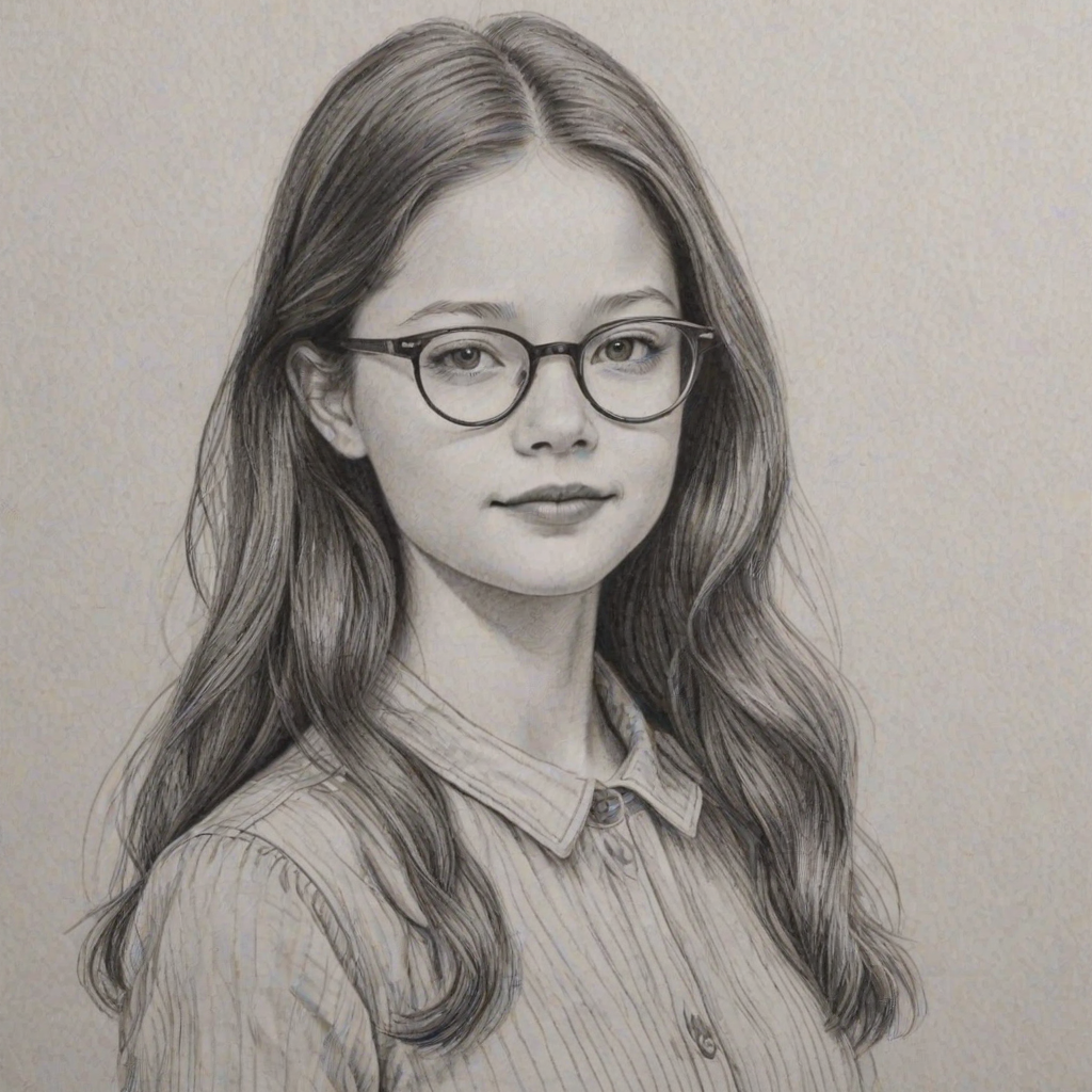 Splendid Mackenzie Foy, pencil sketch, portrait of Gorgeous woman 1951s in glasses, hair style beatnik, outline, clear lines, fine lines, 8k