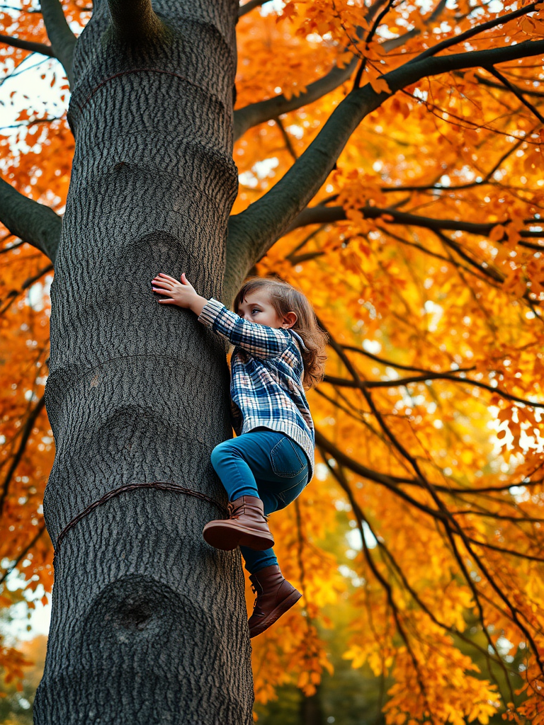 Create a high-resolution image of a child climbing a tree, captured from a low angle to emphasize the height, using a Canon EOS R5 with a 50mm lens, aperture set to f/2.8 for a shallow depth of field, ISO 200 for optimal light, and a soft focus to enhance the dreamy quality amidst vibrant autumn foliage.