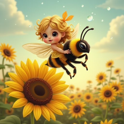 a whimsical cute girl with big eyes, big hair and flowing dress, riding astride a bumble bee, and flying across the top of the sunflower, which are just waking up, and catching dew drop of rain