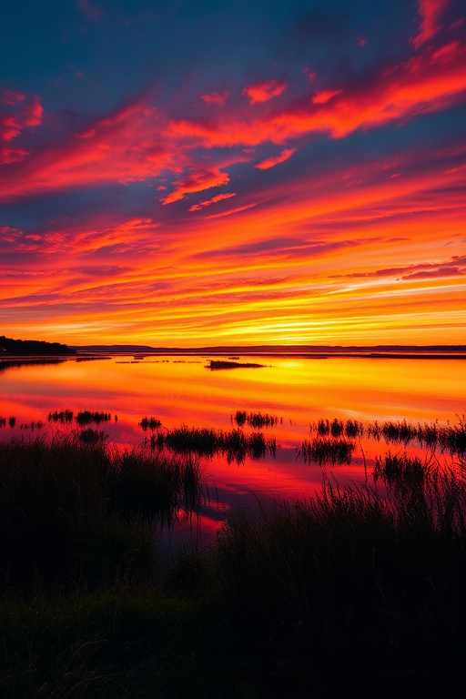 Create a high-resolution image of a serene landscape during sunset, with vibrant colors in the sky reflecting on a calm lake, using a Canon EOS R5 camera with a 24-70mm f/2.8 lens, set to ISO 100, aperture f/8, and a shutter speed of 1/125 sec, shot from a tripod at a 45-degree angle.