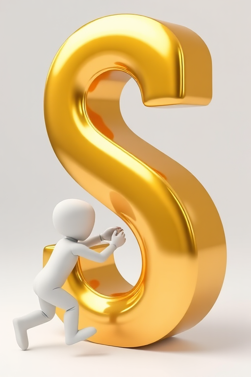 Create an image of a 3D gold letter S being pushed by a small white humanoid figure, use a DSLR camera with a 50mm lens, aperture f/1.8, ISO 100, in a well-lit studio environment, with a focus on the shiny texture of the letter S.