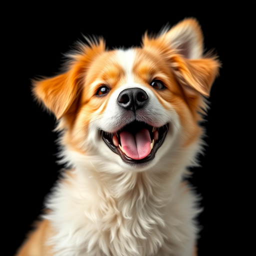 Create a high-resolution digital illustration of a happy dog with fluffy fur and a joyful expression, using a Canon EOS R5 camera with a 50mm f/1.2 lens, shot from a close-up perspective, in vibrant colors and sharp details against a solid black background.