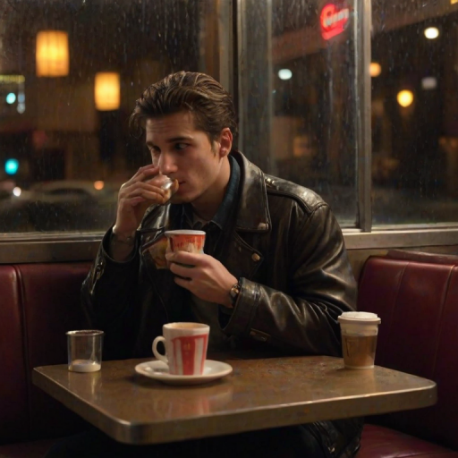 Slightly grainy candid shot, late-night diner, young man sitting alone in a booth, hands wrapped around a steaming cup of coffee, wearing a vintage leather jacket, neon sign glowing in the window behind him, condensation on the glass, a half-eaten burger and fries on the table, faint reflection of streetlights in the window.