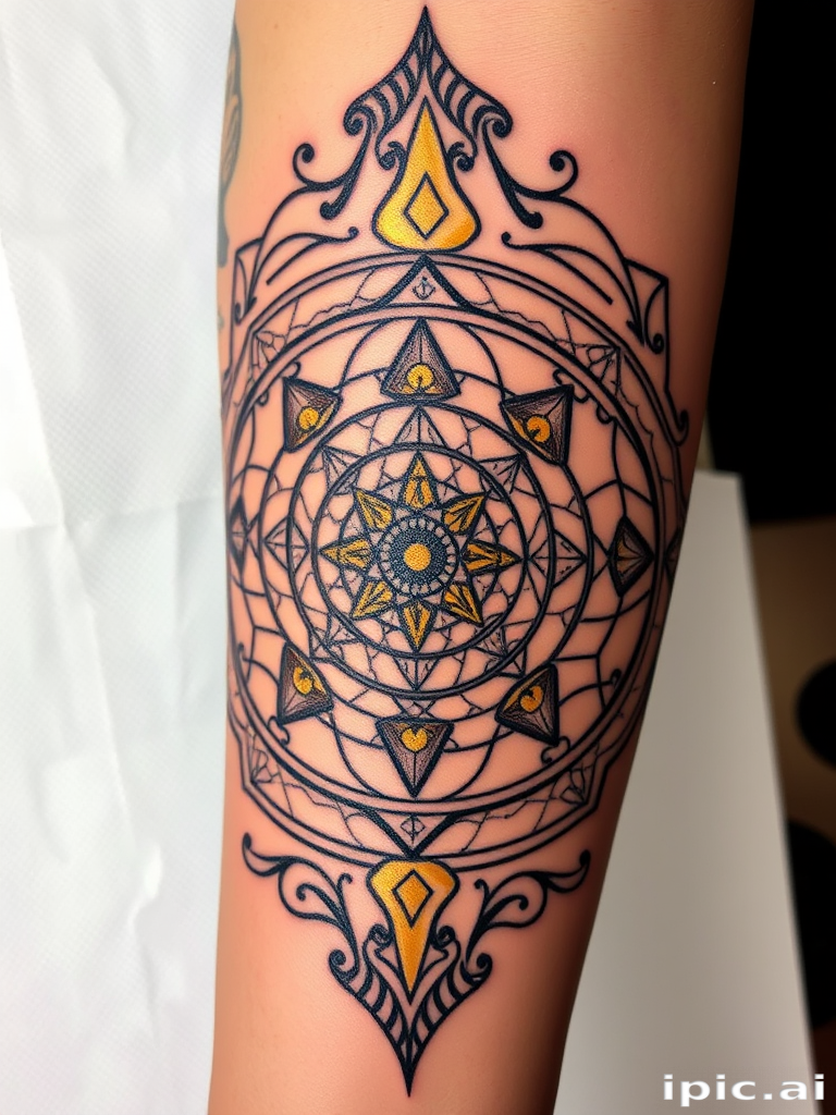 Fibonacci spiral tattoo incorporating sacred geometry elements, golden ratio proportions highlighted in metallic gold ink accents