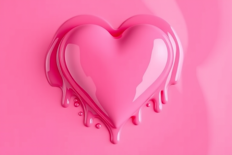 Create a glossy dripping heart design, vibrant pink with smooth gradients, 50mm lens, f/2.8 aperture, ISO 100, overhead view, digital art style, high resolution.