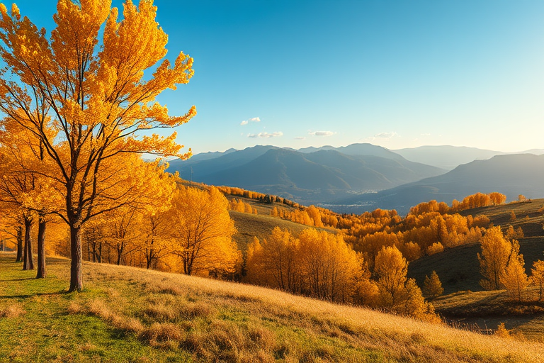 Generate a vibrant landscape featuring golden autumn trees on rolling hills with mountains in the background, using a Canon EOS R5 with a 24-70mm f/2.8 lens at f/8, ISO 100, shot in HDR style from a mid-range perspective to emphasize depth and color.