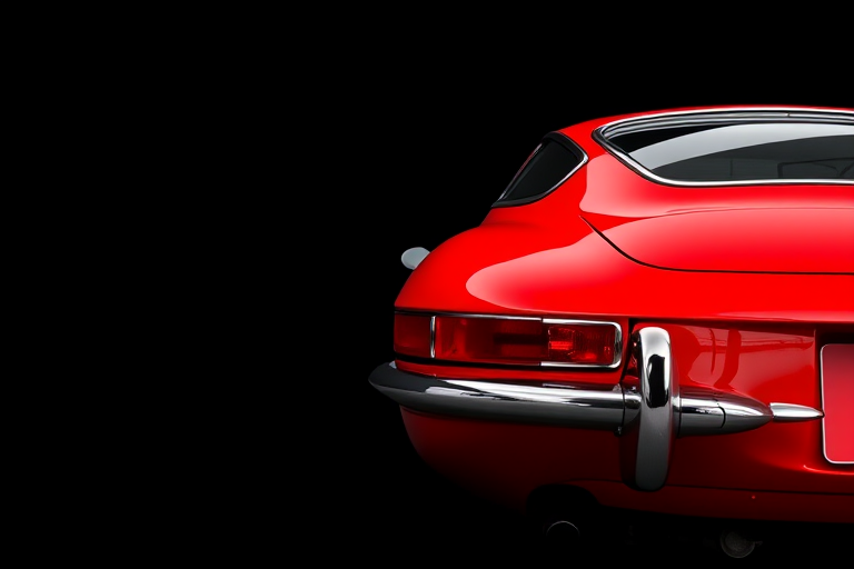 Capture a low-angle shot of a classic red sports car against a black backdrop, using a DSLR camera with an aperture of f/2.8, ISO 100, and a shutter speed of 1/60s, emphasizing the car's sleek lines and reflections in the rearview.