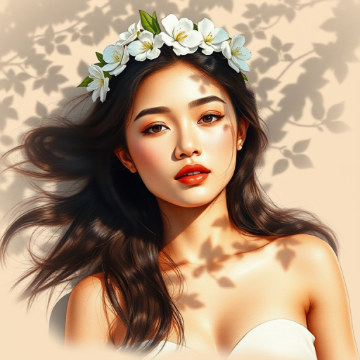 create a watercolor painting of an ethereal portrait of beautiful Malay woman with a simple white flower crown on her head. Her hair is long and she is lying on the ground. The sunlight on the trees casts shadows from the leaves on her face and body. The background is a neutral brown color that matches her skin tone. The image is minimalist and solid colors. This style is characterized by soft, delicate brushstrokes and a light, airy, contrasting color palette. High level of detail and play of light