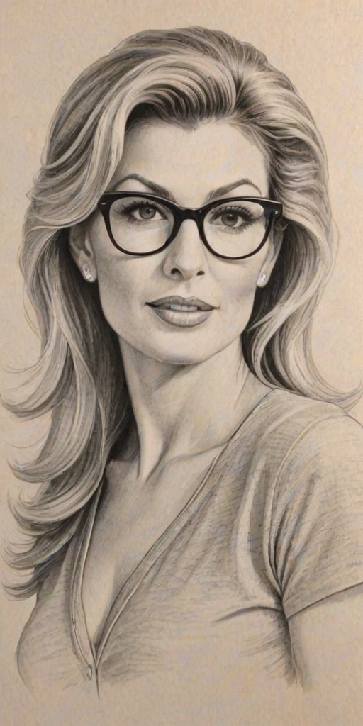 Graceful Faith Hill, pencil sketch, portrait of Radiant woman 1956s in glasses, hair style beatnik, outline, clear lines, fine lines, 8k