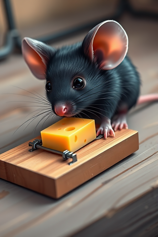Create a detailed cartoon image of a black mouse inspecting a piece of cheese on a wooden mouse trap, vibrant colors, soft lighting, taken with a DSLR camera at f/2.8 aperture, 50mm lens, from a low angle view to enhance depth, digital art style.