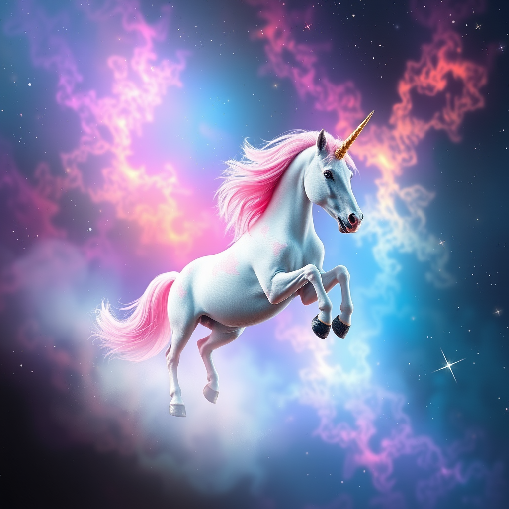 Regenerate an ethereal unicorn leaping through a cosmic nebula with a vibrant blend of colors, using a DSLR camera, 50mm lens, aperture f/1.8, ISO 200, and a slight soft focus effect to enhance the magical atmosphere.