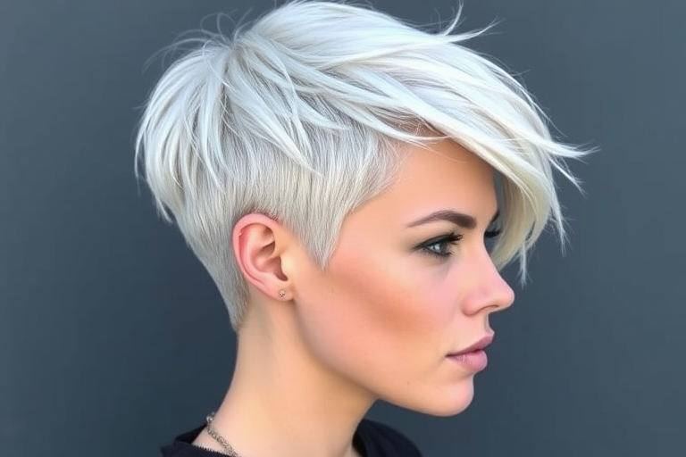 Striking platinum blonde pixie cut called "Arctic Frost," boasts an edgy asymmetrical design with longer strands on one side, expertly textured and tousled for a modern, effortless look, incorporating icy blue undertones that add depth and dimension to the ultra-short style