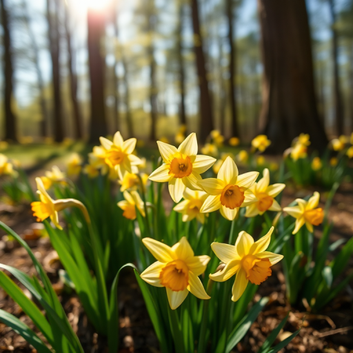 floral scene of blooming daffodils in a sunlit forest setting, captured with a DSLR camera at f/2.8 aperture, 1/200 sec shutter speed, ISO 100, with a shallow depth of field to enhance background blur, taken from eye level for a natural perspective
