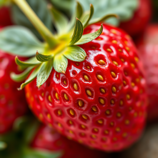 capture a highly detailed and vibrant illustration of a strawberry with a focus on the texture of the seeds and leaves, using a Canon EOS R5, 50mm lens, f/2.8 aperture, 1/250 sec shutter speed, ISO 100, shot from an overhead angle with soft natural lighting for enhanced color saturation and clarity