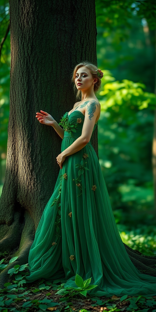 Regenerate the image of a mystical forest nymph standing gracefully beside a large tree, wearing an elegant flowing green gown adorned with leaves and flowers, captured with a Canon EOS R5, 50mm lens, f/1.8 aperture, ISO 100, soft natural lighting, shallow depth of field, and vibrant color enhancement.
