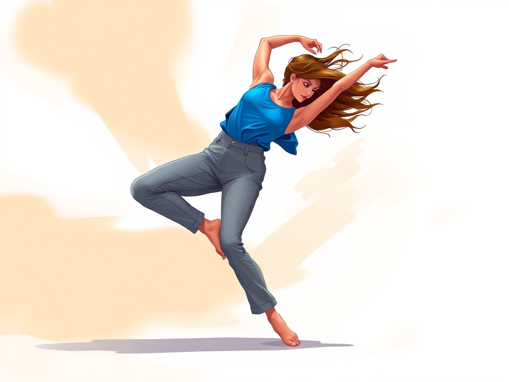 Create a high-resolution illustration of a dancer in a blue top and gray pants, capturing a dynamic pose with fluid motion, using a 50mm lens at f/1.8 for a soft background blur, shot from a low angle to emphasize movement, in a vibrant and colorful style similar to modern digital art.
