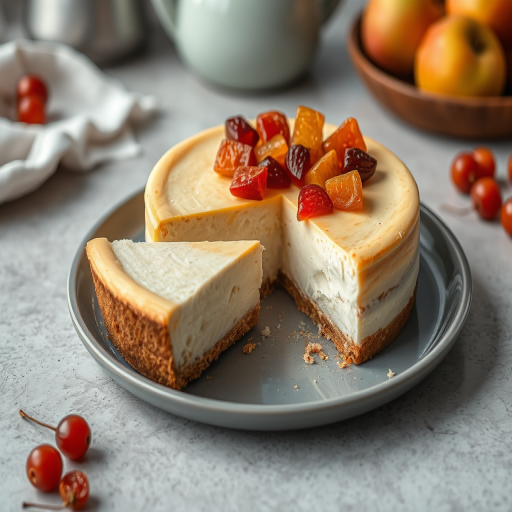 A delicious cheesecake on a gray plate with a slice cut out revealing a creamy interior, topped with pieces of candied fruit, set on a textured surface with soft blurred background elements suggesting a cozy kitchen atmosphere.