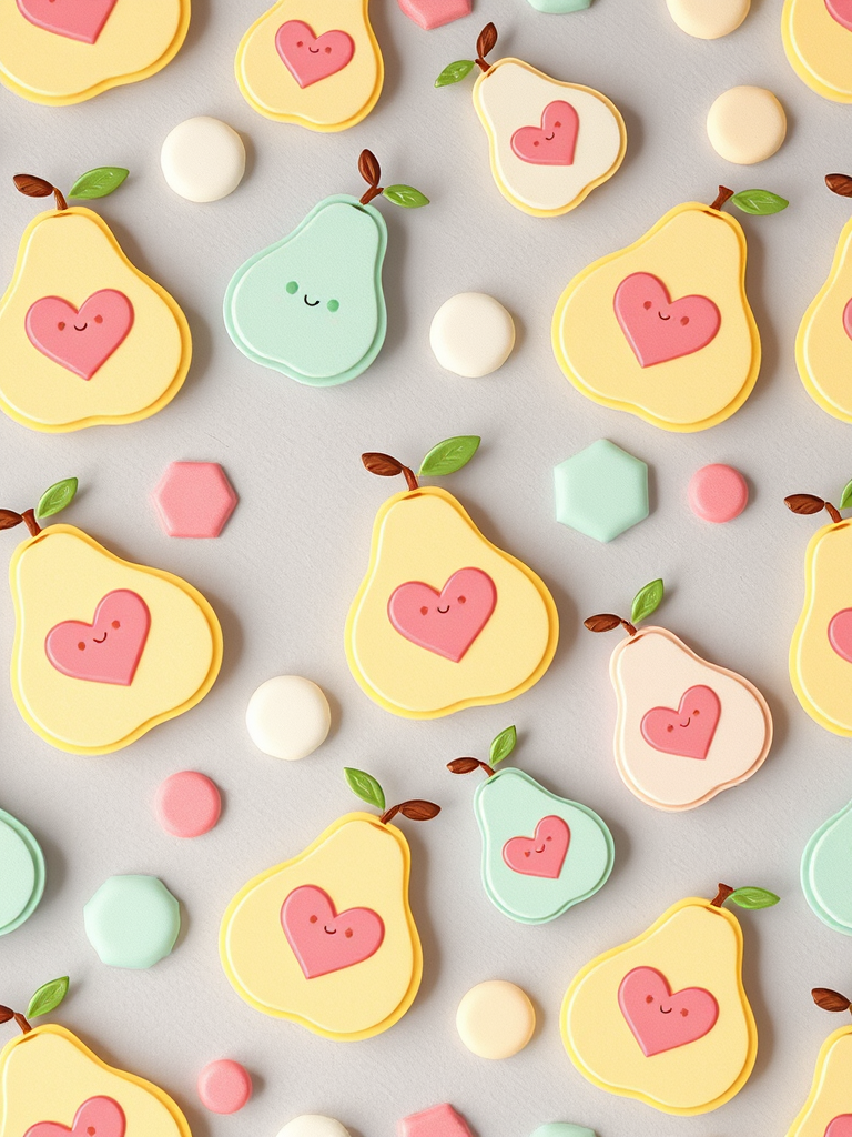 Create a whimsical pattern featuring cute cartoon pears with heart shapes in a pastel color palette on a soft gray background, shot with a DSLR camera, aperture f/2.8, ISO 100, 50mm lens, top-down view, vibrant colors and soft focus for a playful feel.